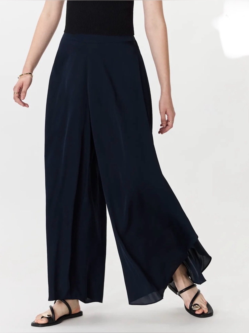 Quince Women Washable Stretch Silk Palazzo Pants Navy Sz L Wide Leg Quiet Luxury